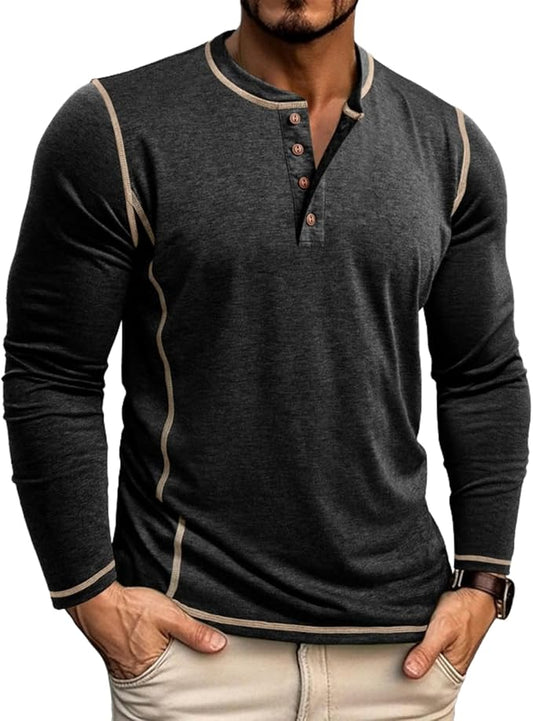 Heren Henley Longsleeve – Casual Klassiek Katoenen Shirt met Knopen, Lichtgewicht & Comfortabel